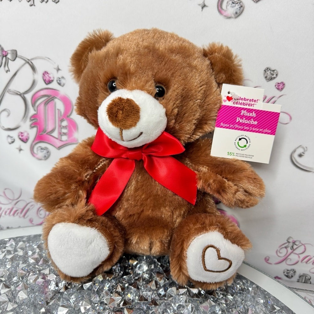 Plush Brown Teddy Bear with Red Bow